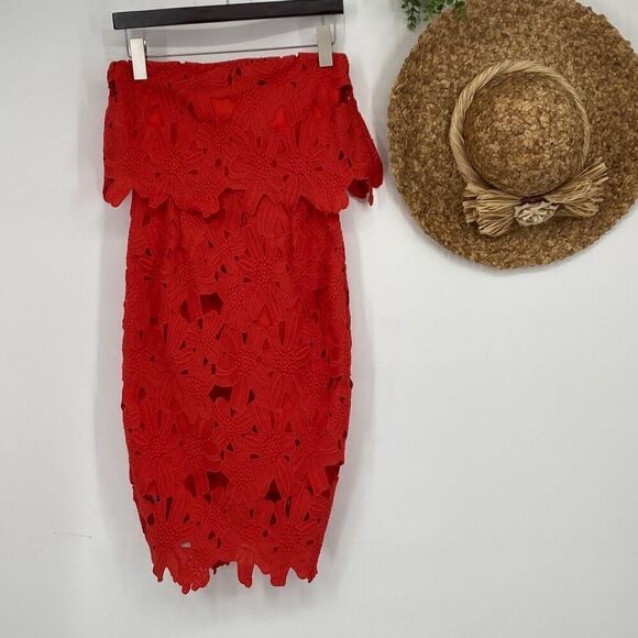 Saylor x Free People Erin Red Lace Strapless Knee Length Pretty  Dress Coral Red - Picture 2 of 15